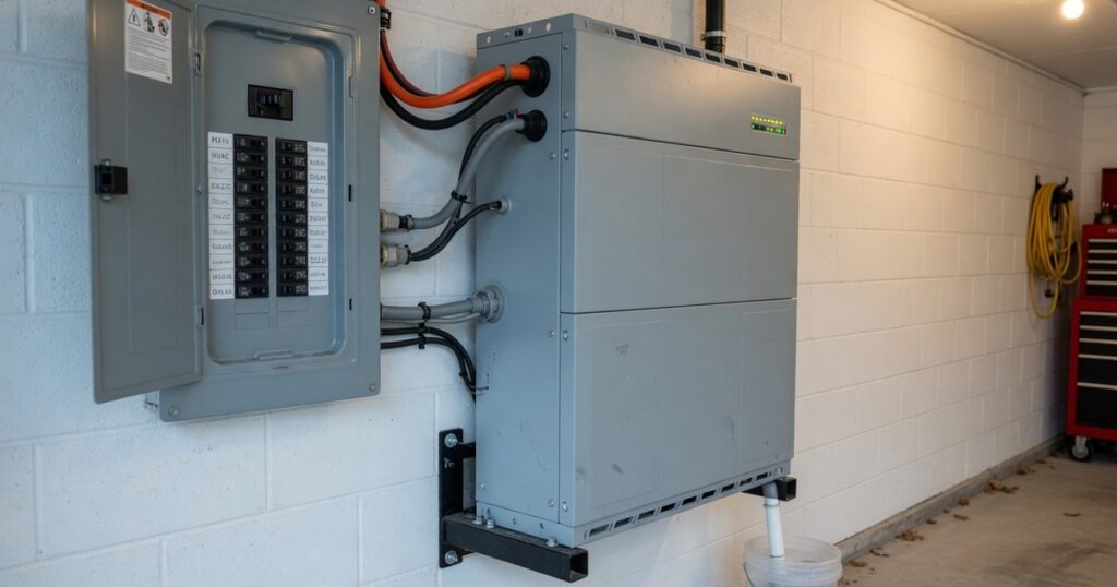 Home battery storage unit installed in residential garage