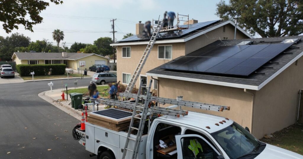 Residential solar installation day with ladder at house