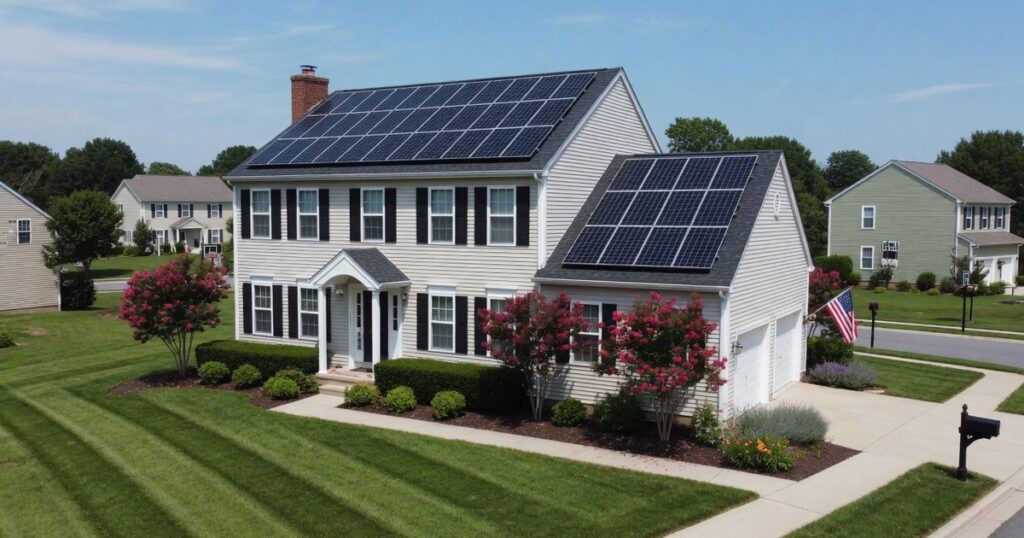 For-sale home exterior with rooftop solar panels