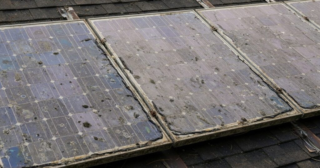 Aged but working solar panels on a residential roof