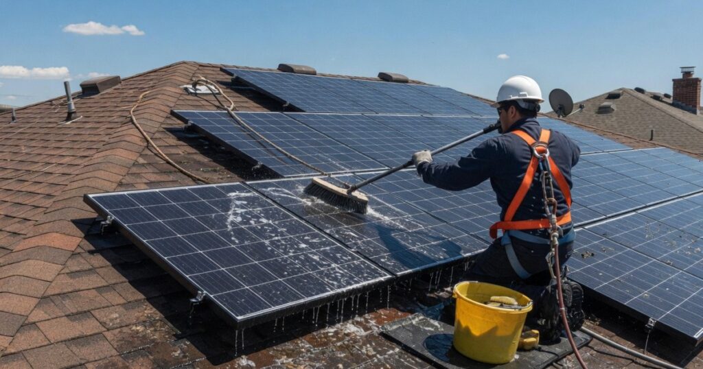 Technician safely cleaning solar panels on a roof