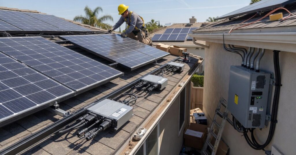 Rooftop solar install showing under-panel microinverters and a string inverter on the house wall