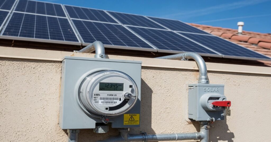 Residential digital utility electric meter and solar disconnect on house wall with rooftop solar panels above