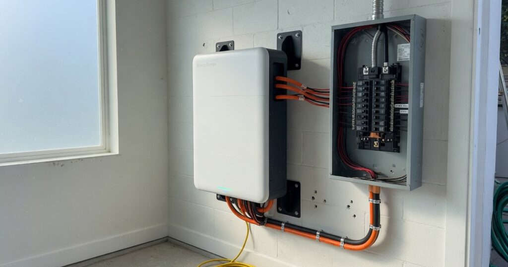 Wall-mounted home solar battery storage unit next to residential electrical panel in a garage