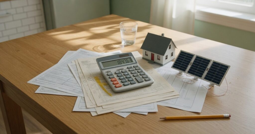 Home solar financing planning scene at kitchen table