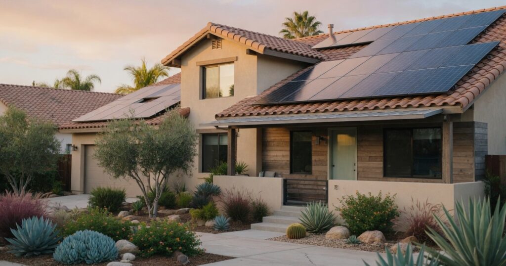 California suburban home with solar panels on tile roof