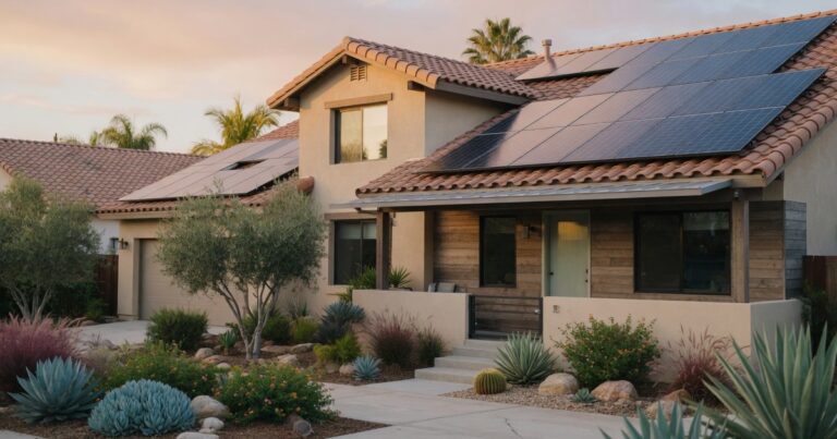 California suburban home with solar panels on tile roof