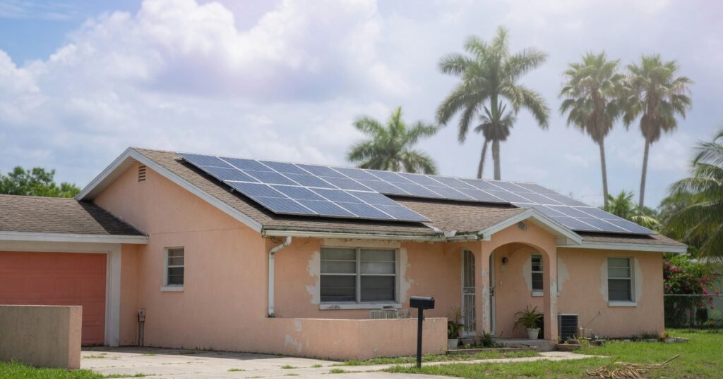 Florida home with solar panels under bright sky