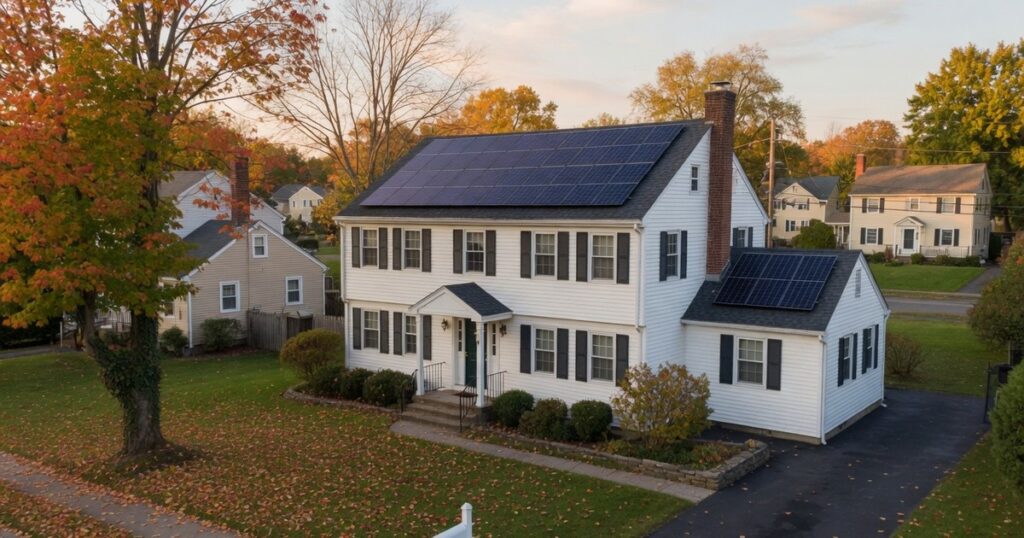 New York suburban home with solar panels in autumn light