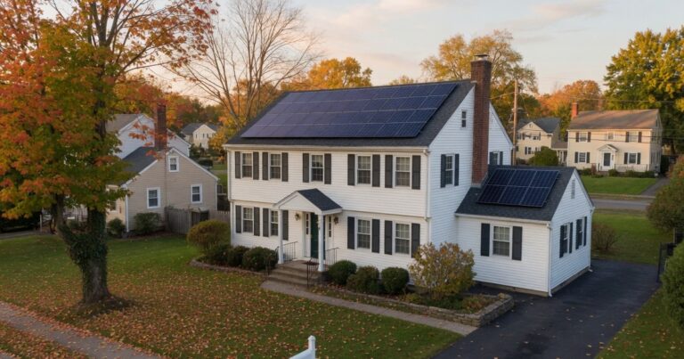 New York suburban home with solar panels in autumn light