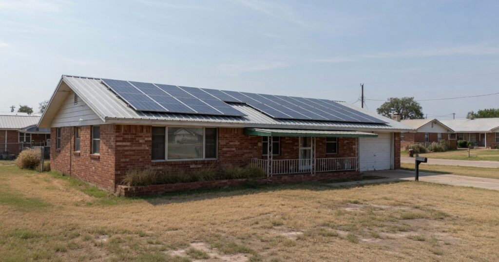 Texas-style home with rooftop solar panels in clear daylight