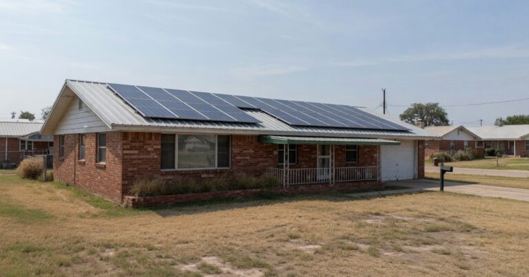 Texas-style home with rooftop solar panels in clear daylight