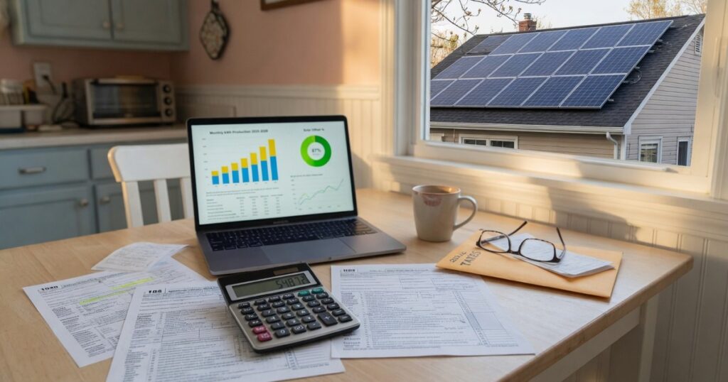 Kitchen table with tax forms, calculator, and laptop charts; rooftop solar panels visible through window — solar tax credit planning