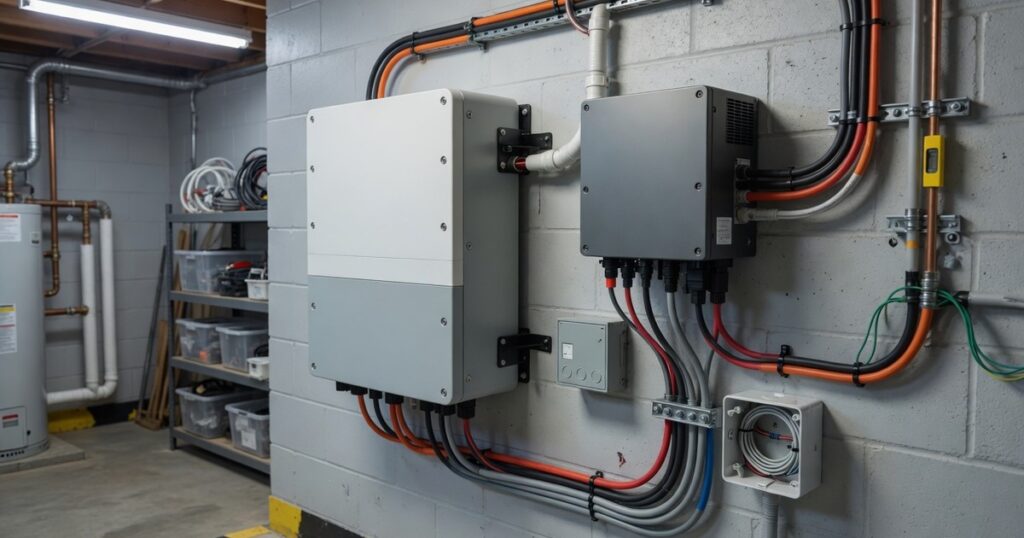 Wall-mounted home battery and inverter in utility room