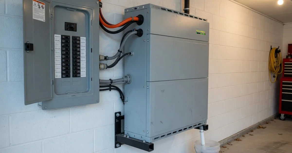 Home battery storage unit installed in residential garage