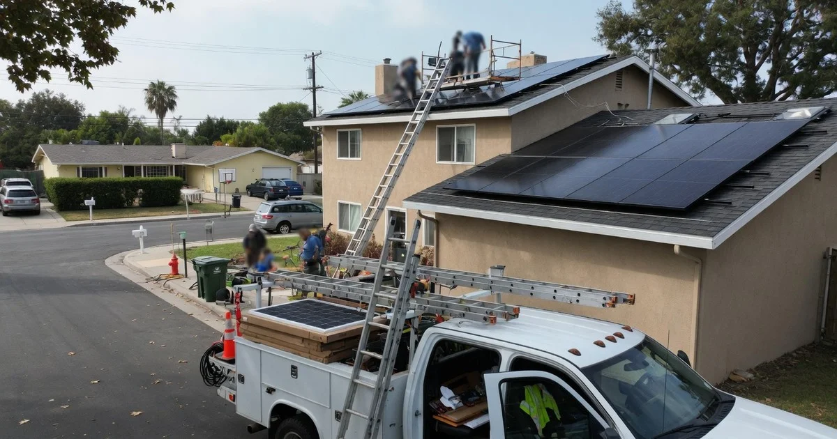 Residential solar installation day with ladder at house