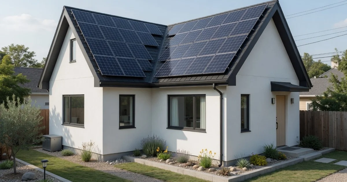 Small cottage roof covered with high-efficiency solar panels