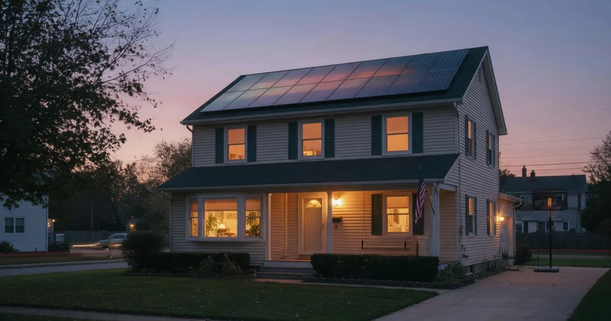 House at dusk with solar panels on roof