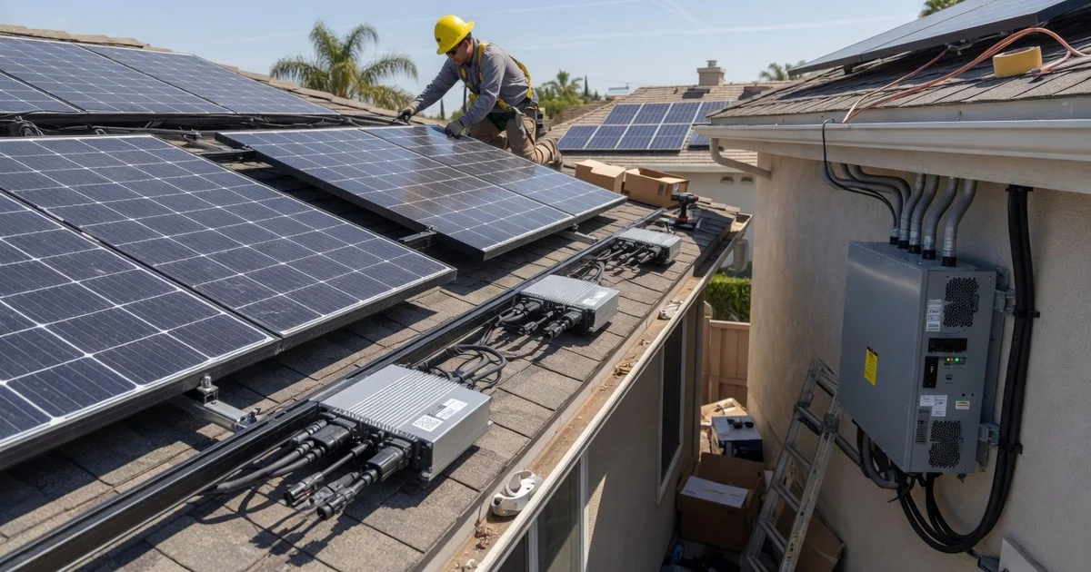 Rooftop solar install showing under-panel microinverters and a string inverter on the house wall