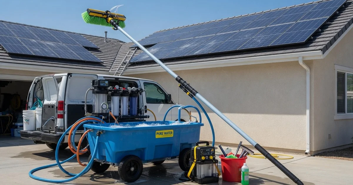 Professional solar cleaning equipment at residential site