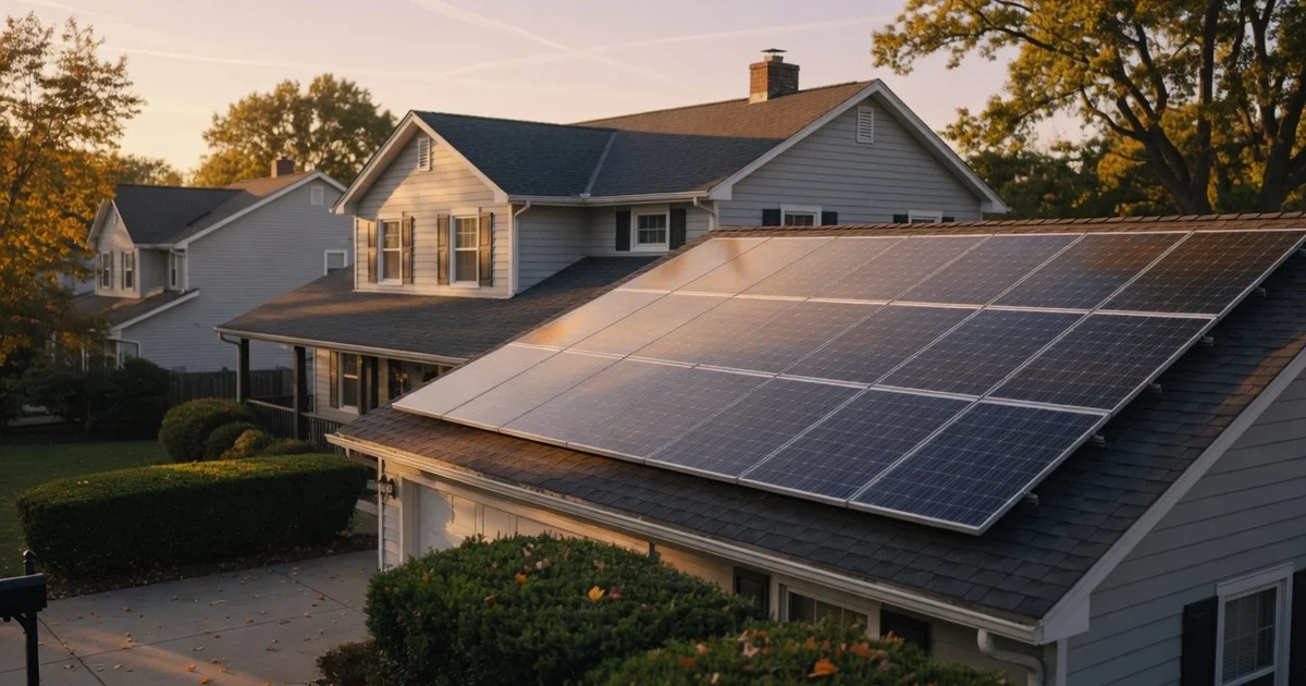 Realistic U.S. home with rooftop solar panels at golden hour