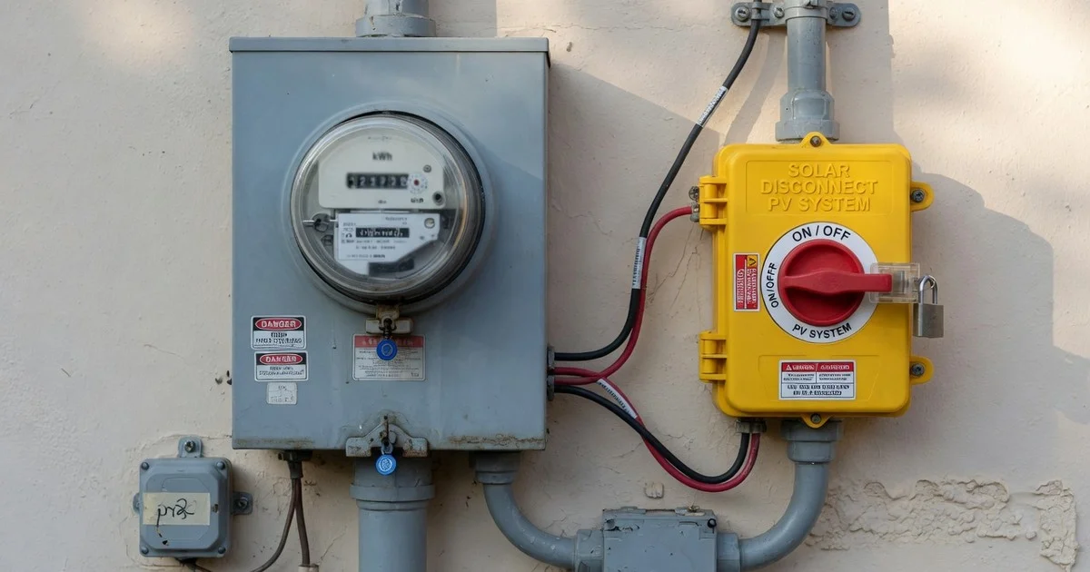 Utility meter and solar disconnect on house wall
